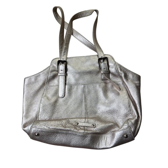 B. Makowsky Silver Leather Designer Shoulder Bag With Adjustable Straps - Picture 1 of 8